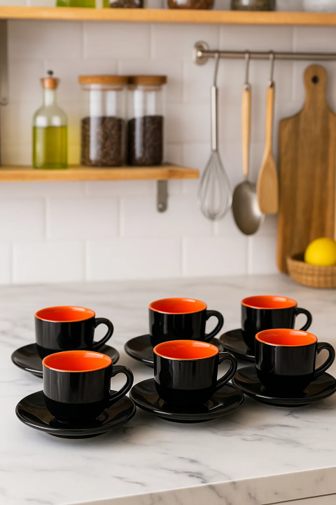 Set of 6 Black Ceramic Espresso/Cappuccino Cups with Saucers – Glossy ...