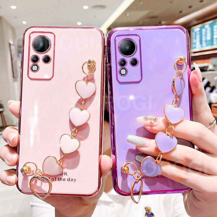 For Infinix Note 11/Infinix Note 12 (G88) Back Cover with Love Heart Chain Wrist Strap Fashion Bracelet Shiny Plating Bumper Protective Case Silicone Shockproof Mobile Phone Cases