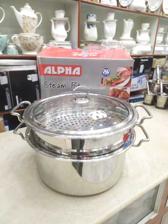 Alpha 2 Layer Stainless Steel Steamer Pot Cookware, Double Bottom / Encapsulated Base, Glass Lid Degcha With Steamer Plate / Jali - Best For Steaming Vegetables, Meat, Chicken, Mamtu, Dumpling - Available in 5 Sizes 24, 26, 28, 30 & 32cm