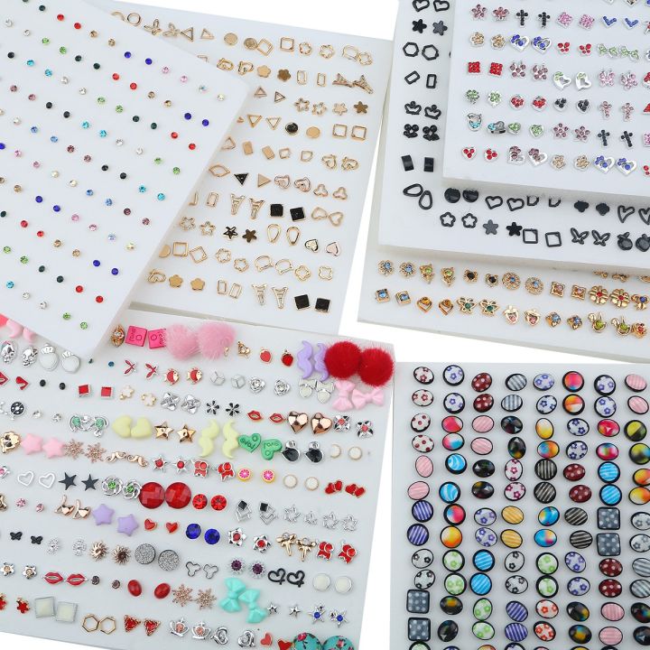 100Pairs/box Small Stud Crystal Star Heart Moon Earrings Sets For Women Girl Child Jewelry Accessories