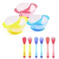 Baby Bowl Set Spoon Fork Suction Cup, Baby Bowl Set With temperature Sensing Spoon And Fork With Suction Cup, Training Baby Bowl Set Suction Bowl Plastic material factory baby item heat sensitive baby bowl and spoons feeding set no spill. 