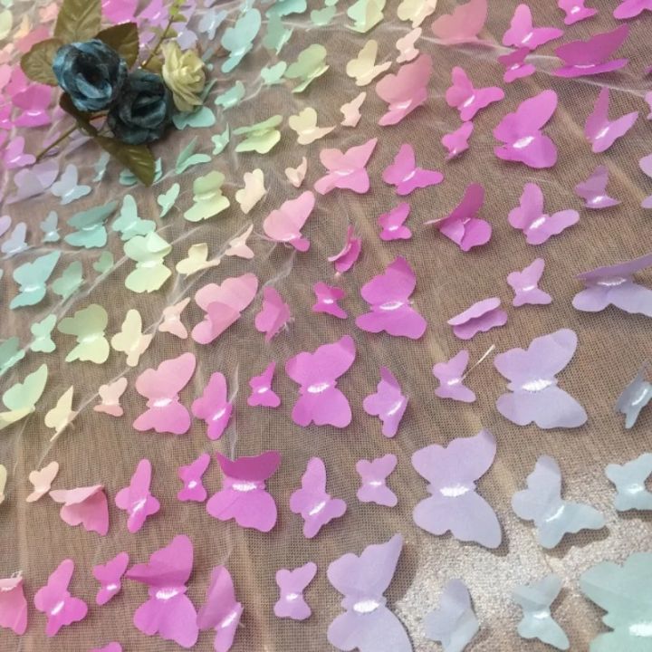 1yard/pc 130cm Wide Rainbow Color Butterfly 3D Applique Lace Fabric Gradient Flowers Children's Clothing DIY Color Lace Cloth