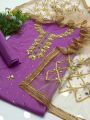 3Pc Heavy Pure Handmade Dress Wedding Wear Kattan Silk Beautiful Handmade Mooti Crystal Work & Kundan Work Shirt  Net Mirroe Work Dupatta With 4 Sided Gotta Lase  Kattan Silk Plain Trouser. 
