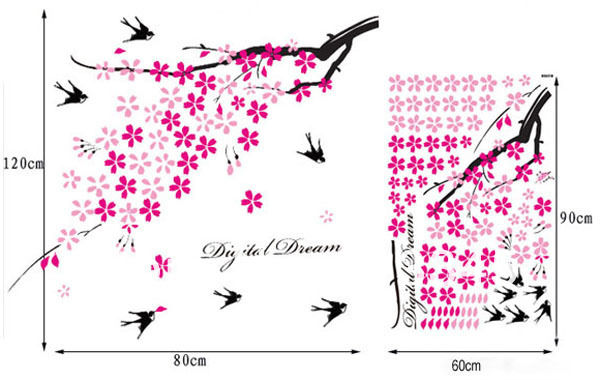 Flowers%20Wall%20Sticker%20Pink%20Birds%20DIY%20Wall%20Decor%20For%20Home/Office%20Colorful%20PVC%20Wall%20Paper%20Removeable%20Wall%20Decal%20-%20Image%202