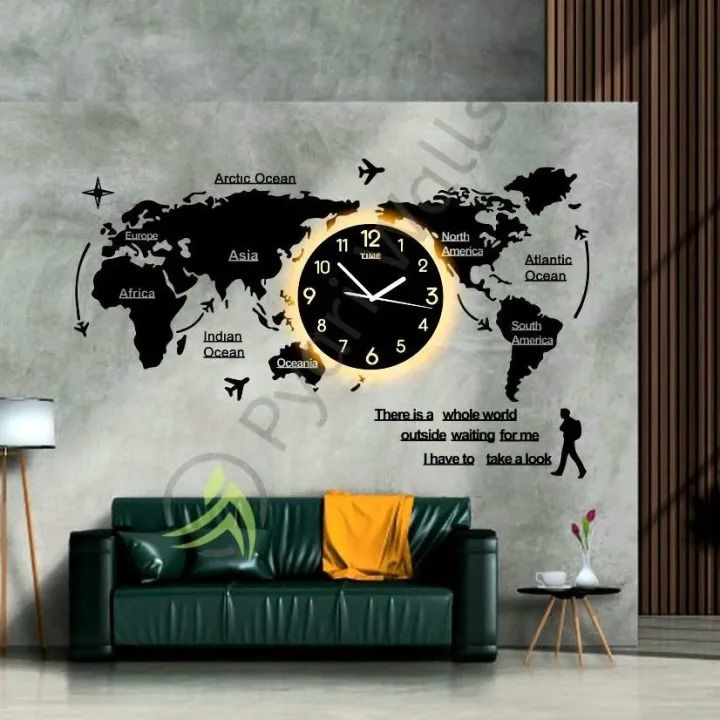 ZF World Map Decorative Wooden Wall Clock Modern Design Living Room Decoration Wall Watch Wall Ghar ka Decors