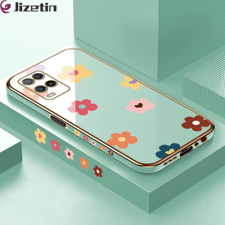 Jizetin (Free Lanyard) for OPPO A54 / A54 2021 Back Cover Falling Flowers Luxury 6D Plating Case Side Pattern Soft Silicone Square Phone Cases