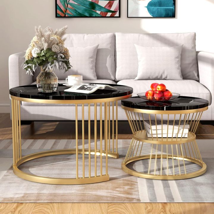 Stylish Metallic Mid Coffee Table Set with Gold Metal Frame - Round Side Table with Shelf, Nesting Coffee Table Set of 2, Stackable Metal Coffee Tables for Nesting Tables, Center Table, Wooden Table, Coffee Table, and Cocktail Table!