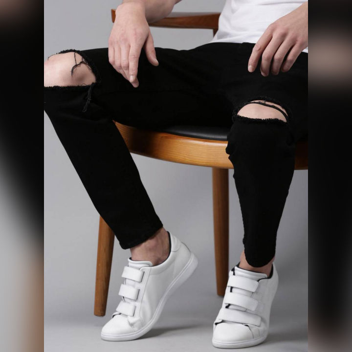 Jet Black Ripped Denim Jeans For Men
