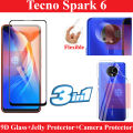 Tecno Spark 6 Full Black 9D|5D|6D|10D|11D|21D Tempered Glass Screen Protector Full Glue Edge To Edge + Back Camera 9H Gorilla Flexible Protector + Back Jelly Protector Clear Soft Film Protection For Tecno Spark 6. 