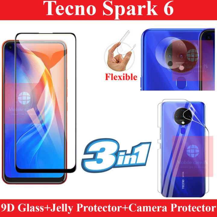 Tecno Spark 6 Full Black 9D|5D|6D|10D|11D|21D Tempered Glass Screen Protector Full Glue Edge To Edge + Back Camera 9H Gorilla Flexible Protector + Back Jelly Protector Clear Soft Film Protection For Tecno Spark 6