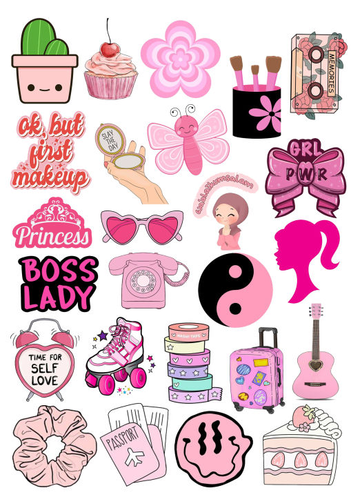 Pink Coquette & Makeup Aesthetic Laptop Stickers Cute Hijabi Girl, "Boss Lady", Barbie Silhouette, Roller Skates, and Travel Decals for Laptops & Journals Pack Of 25 Each Size 2Inchx2Inch Sticker