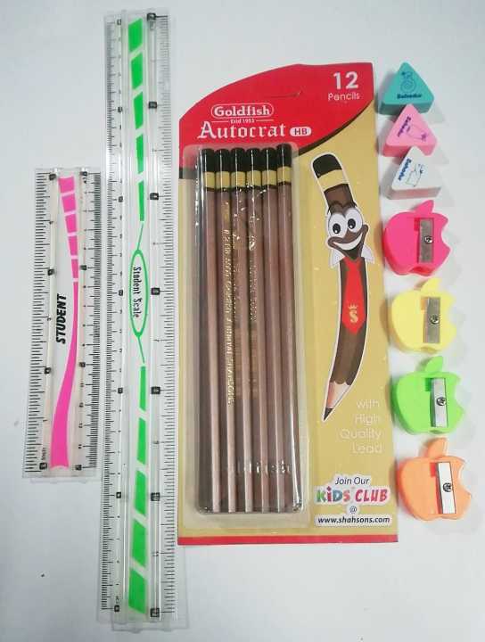 pack of 12 gold fish led pencil with 3 Rubbers and 4 sharpeners and 2 Scals
