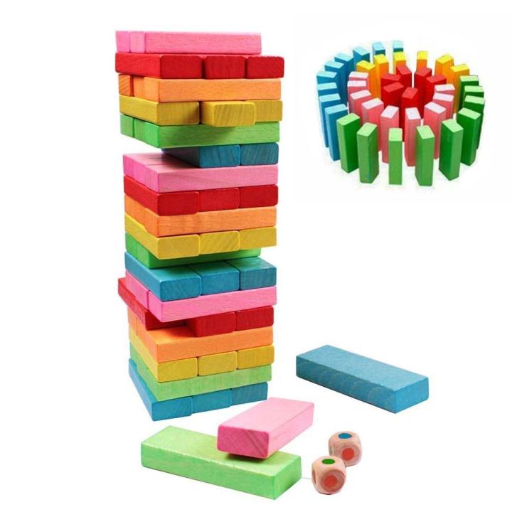 54 Pieces Random Color Wooden Jenga Tower Building Blocks Game