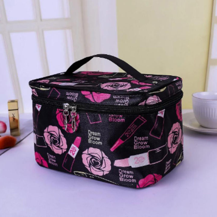 Women Makeup Bag Flower & Lipstick Print Zipper Cosmetic Organizer