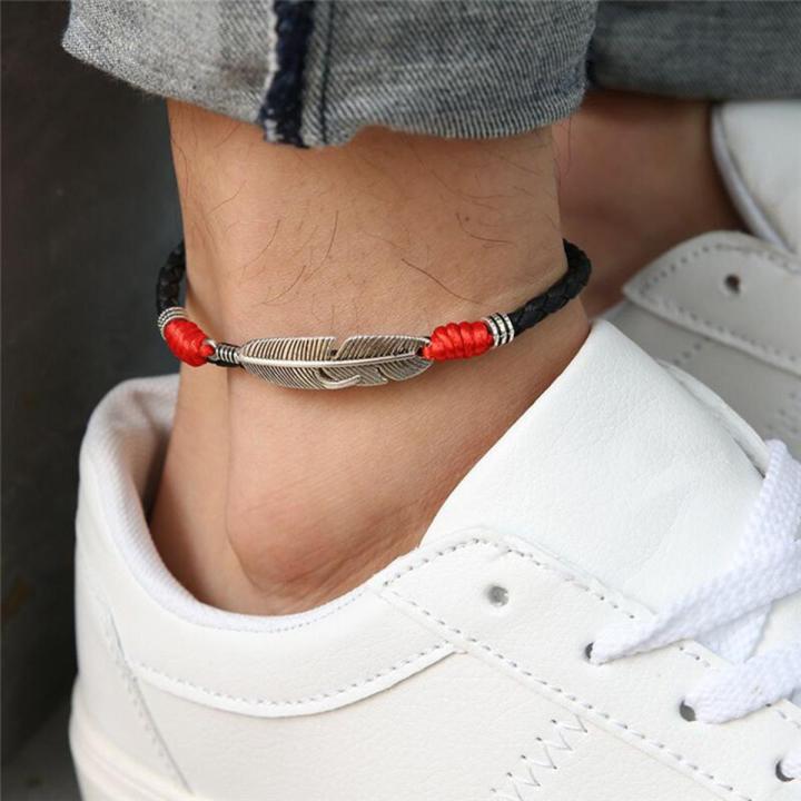 1Pcs Boho Handmade Man Feather Leather Rope Ankle Bracelet Barefoot Sandal Beach Foot Chain Fashion Jewelry Gadget Men Gifts