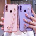 For Samsung Galaxy A20s Back Cover with Love Heart Chain Wrist Strap Fashion Bracelet Shiny Plating Bumper Protective Case Silicone Shockproof Mobile Phone Cases. 