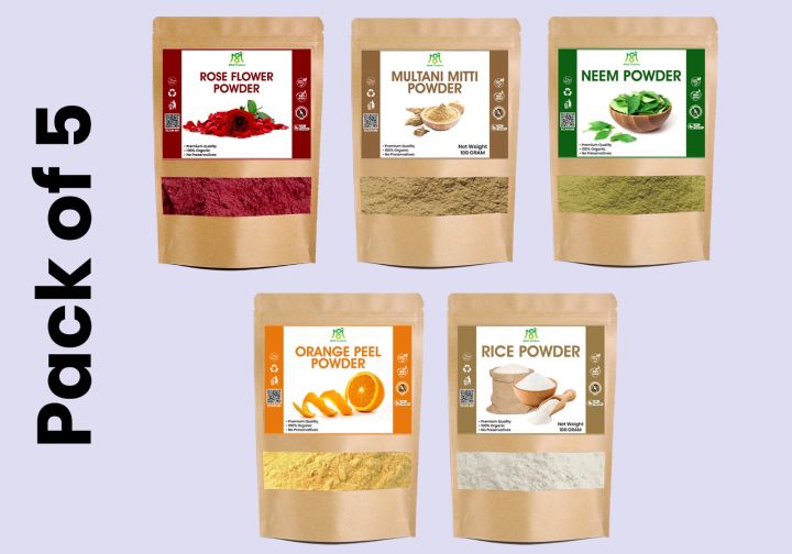 Pack of 5 Orange Peel Powder + Neem Leaves Fine Powder + Rose Powder +Multani Mitti + Rice Powder