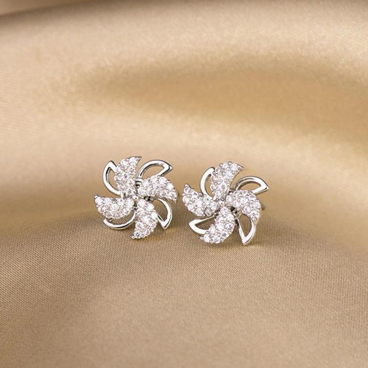 Rotating Windmill Ear Studs 925 Sterling Silver Plated Earrings Ladies Jewelry