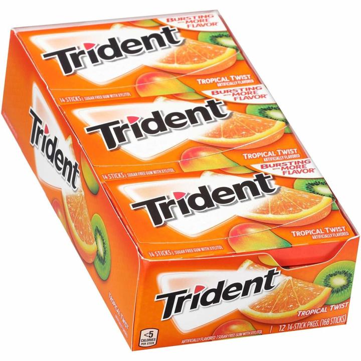 Trident Bubble Gum Tropical Twist, Sugar Free, Pack of 12 Chewing Gums Box