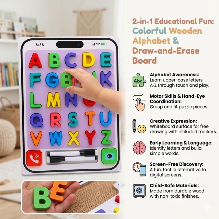 Wooden Alphabet Puzzle Board for Kids – ABC Learning Puzzle Toy ...