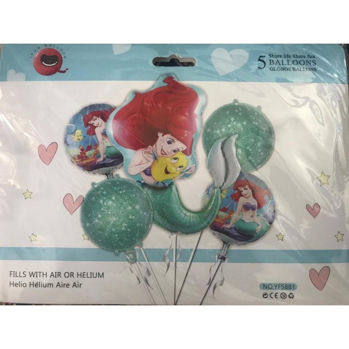 Mermaid Cartoon Foil Balloon Set - 5 Pieces For Birthday Party,-(K.S.)