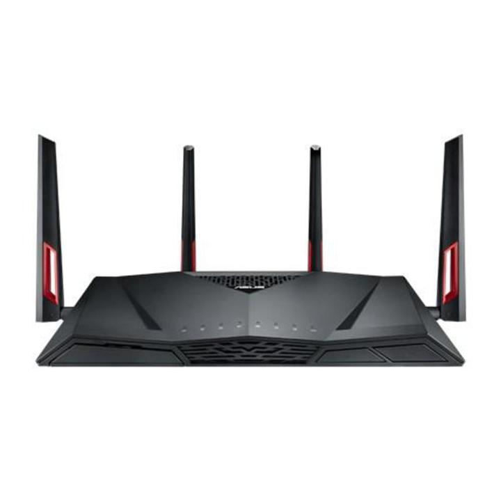 AC3100 Dual Band Gigabit WiFi Gaming Router with MU-MIMO, supporting AiProtection network security by Trend Micro, AiMesh for mesh WiFi system, and WTFast game accelerator