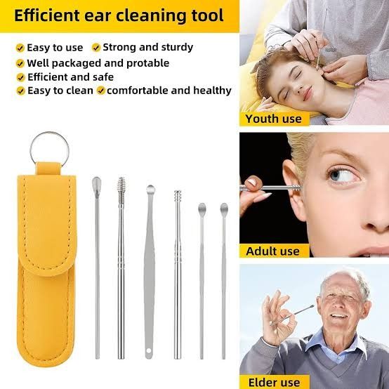 Ear Wax Removal Kit, 6 Pcs Earwax Removal Tool, Ear Cleaning Tool Set Stainless Steel Ear Pick with PU Storage Bag, Reusable Ear Cleaner Spring Spiral Earwax Remover for Kids Adults