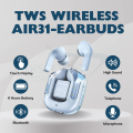 Air 31 Earbuds, Crystal Transparent Wireless Earbuds comes with POUCH - Heavy Bass Stereo Earphones with Noise Reduction, LED Digital Display, and Waterproof Design. 