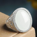 White gold-plated large oval cabochon white jade coin ring Imitation Hetian jade inlaid white jade ring. 
