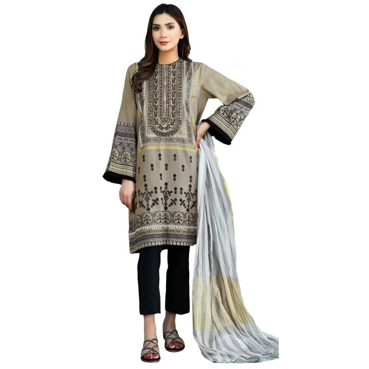 Doux Deal - 3 PC Unstitched Embroidered Printed Lawn Suit with Dupatta