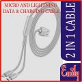 EMILY HIGH QUALITY ORIGINAL DATA AND CHARGING CABLE 2 IN 1 CABLE  50 INCH 127CM LENGTH USB CABLE LIGHTNING + MICRO USB FOR ALL MOBILES ANDRIOD AND IPHONE CHARGING SIMULTANEOUSLY. 