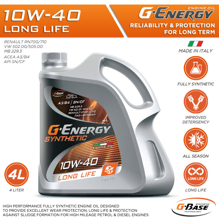 G-Energy Synthetic Long Life 10W-40 Engine Oil 4 Liter, Petrol Car Oil Gasoline Engine Motor Oil All Season SAE 10W-40 Engine Lubricant Mobil Oil 4L Perfect For Passenger Cars, Sedans, Cross Overs, SUV’s, Vans, and Light Trucks, Imported Made in Italy