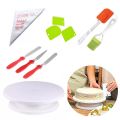 Rotating Table + 3 scrapper + 100 Pc piping bags + 3pc Spatula Knife Set + Silicone Brush & Spatula. 