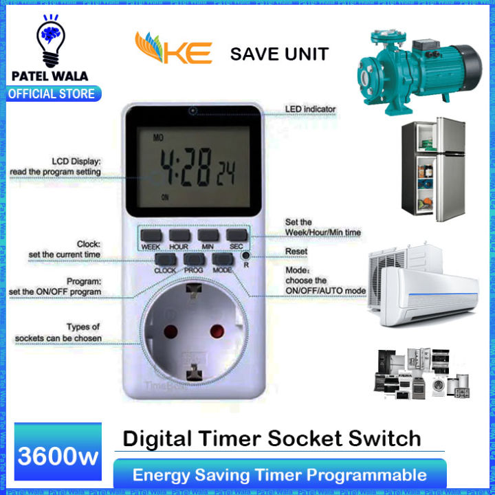 Timer socket big screen programmable digital plug timer Time Switch 12/24 HOURS Digital Timer AL-06 Electronic Digital Mains EU Plug In Timer Switch Socket with US Plug Adapter (White)