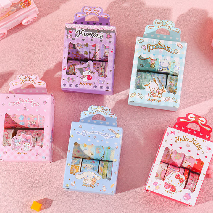 10Roll/Box Sanrio Kuromi Cinnamoroll Meloyd Tape Sticker Cute Cartoon Hello Kitty Handbook DIY Hot Stamping Stickers Kids Toys Qingyue