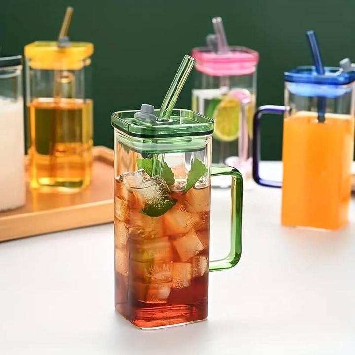 Techmanistan Random Color 400ml Square Glass Mug With Handle, Straw & Lid, Drinking Glass, Adorable Glass Cups with Lids and Straw, Glass Tumbler Coffee Cup Coffee Mug