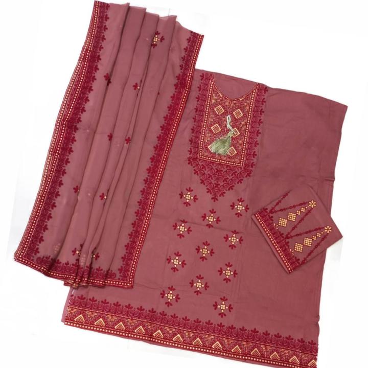 Commondo Purple Color 3 Piece Unstitch Sindhi Embroidery Suit/Traditional Suit/Sindhi Embroidery/Aari Embroidery Machine