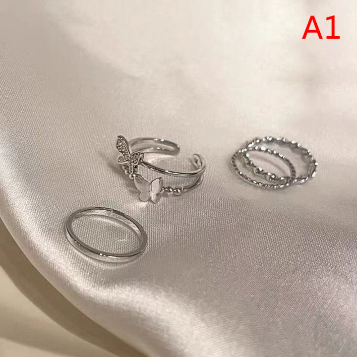 3Pcs/4Pcs Hip Hop Punk Open Adjustable Rings Set Womens Ring Butterfly