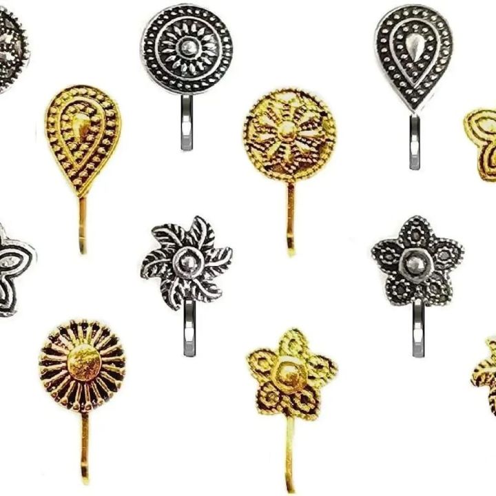 6Pcs Press on Nose pin Without Piercing Nose ring stud gold oxidised Jewellery For Ladies & Girls