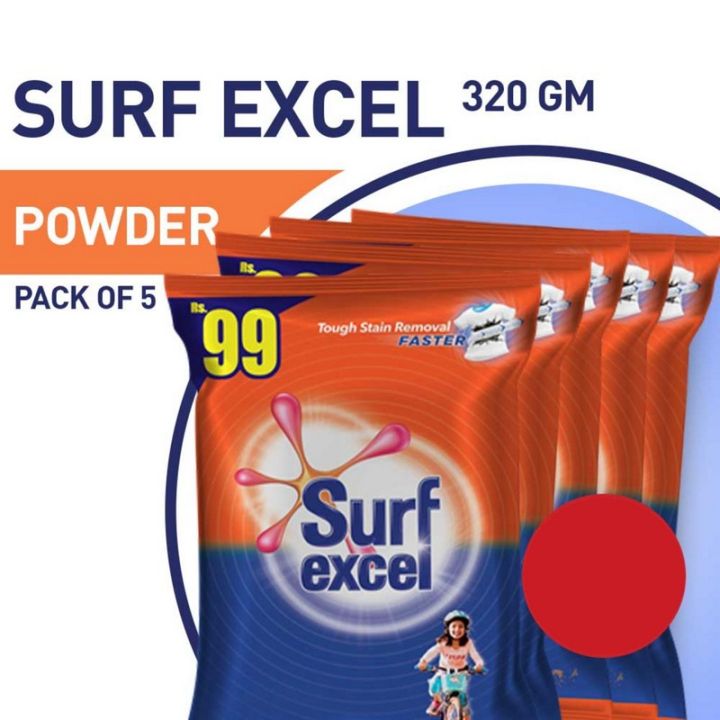 Pack of 5 Surf Excel Original Quick Wash Detergent Powder 320 grams pouch