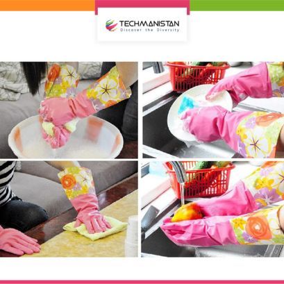 Pair of Cotton-Lined & Plastic Rubber Multipurpose Reusable Extra Long Household Glove