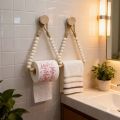 1/2pcs Rustic Wood No-Drill Wall Mounted Tissue Roll Holder & Towel Rack - Antique Wood Bathroom Storage Shelf, Rope & Wood Ball System, Installation for Farmhouse Bath Accessories , Tissue Roll Holder, Tissue Roll, Tissue Roll Holder Bathroom. 