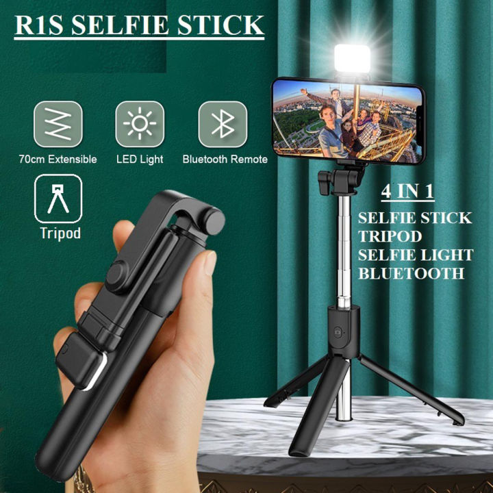 Best 4 in 1 Wireless Selfie Stick R1S (With Light ) R1 (Without Light) Tripod with Bluetooth Shutter selfie Light foldable Selfie stick for all Phone Extendable 70CM