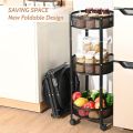 3-Tier Foldable Storage Cart, Rolling Fruit Vegetable Basket Stand with 3 Metal Mesh Baskets, Kitchen Rolling Storage Basket on Wheels for Pantry, Dining Room, Living Room, Round ( Only Black Colour  ). 