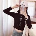 Korean Fashion Korean Version Of Fashion English Printing Open Umbilical Cord Before And After Wearing A Thin Short T-Shirt Fall Chic Long Sleeve Blouse Female. 