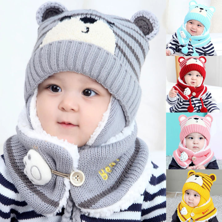 【AmbitionmA】 6M-34M Unisex Winter Kids Baby Girls Boys Cartoon Bear Stripe Knit Hat Cap Woolen Yarn Scarf Earmuff Warm keep Set for outdoor