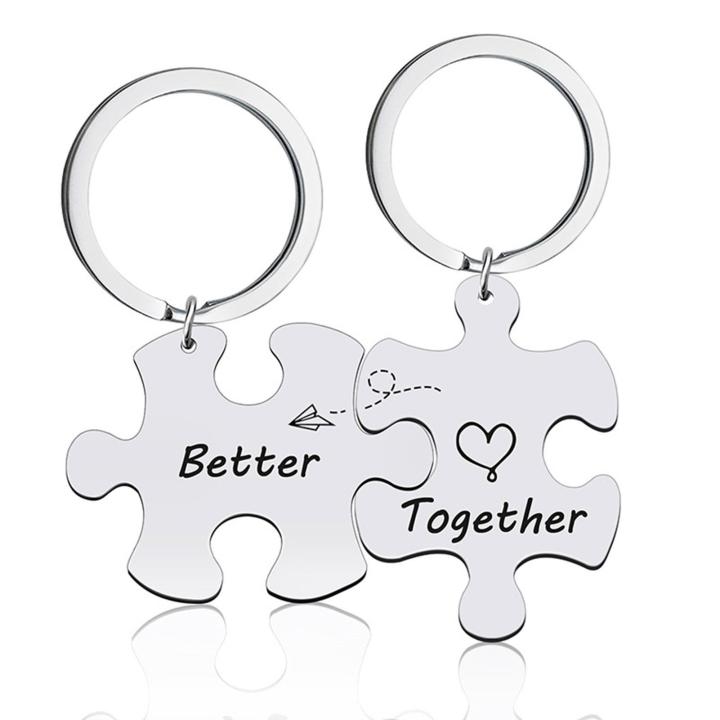 Oufeiton Together Keychain 2pcs Couple Keychain Necklace Set Stainless Steel Puzzle Key Ring Holder for Boyfriend Girlfriend Gift Backpack Pendant Ornament Together Better Design Diy Personalized Souvenir