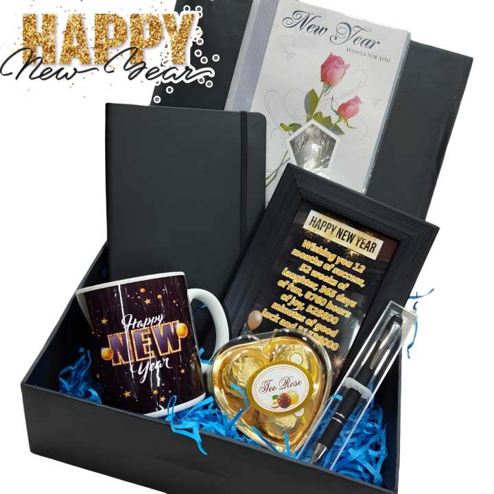 new year gift box with diary, pen new year mug , chocolate , wish card and frame with quote  for men and women