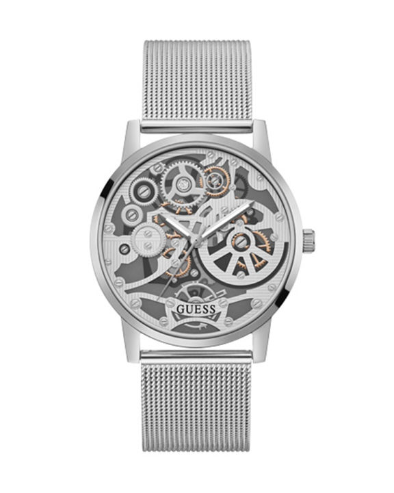 Guess Mens Silver Stainless Steel Case Silver Dial Silver Mesh Stainless Steel Bracelet Watch-GW0538G1
