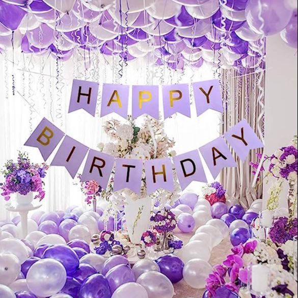 Purple Happy Birthday Decoration Set ( purple happy birthday banner + 30 balloons (15 Purple + 15 silver) purple decorations- purple theme - set birthday themes for girls